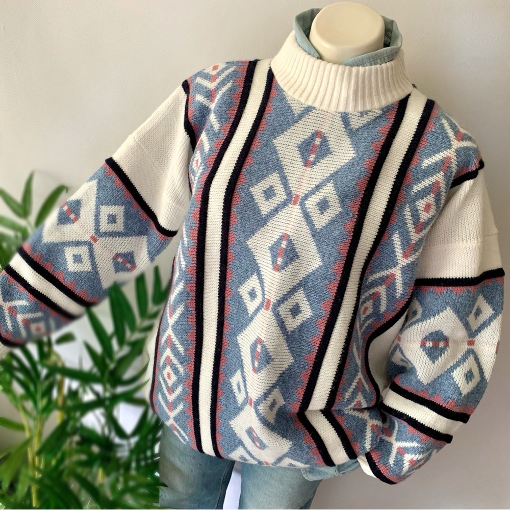 Vintage Blue and White Cowl Neck Sweater